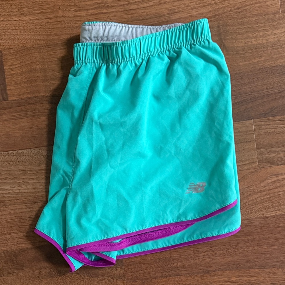 New Balance Teal-Blue Athletic Shorts with Purple Trim